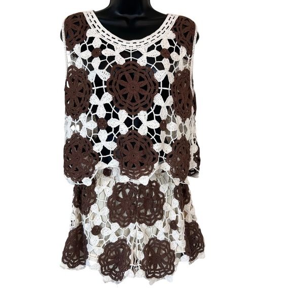 Rebellion Pants - Rebellion Cream and Brown Crochet Cropped Tank and Shorts Set, Medium